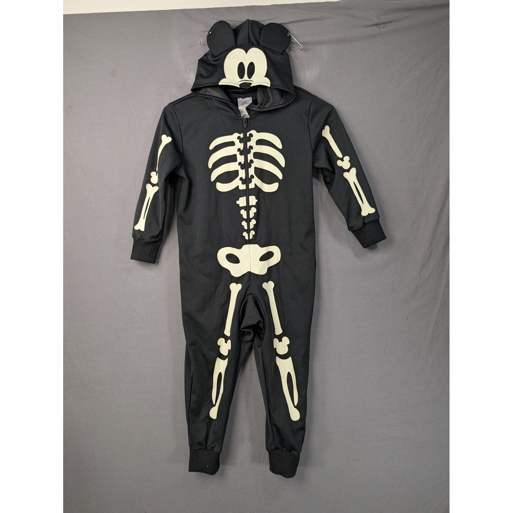 Disney Mickey Mouse Skeleton Halloween Costume Hooded Bodysuit Black Size 4